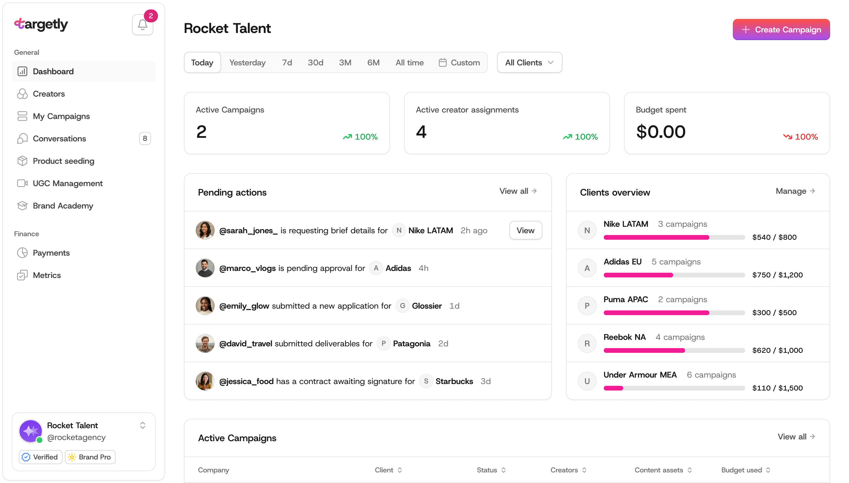 Agency dashboard showing campaign operations