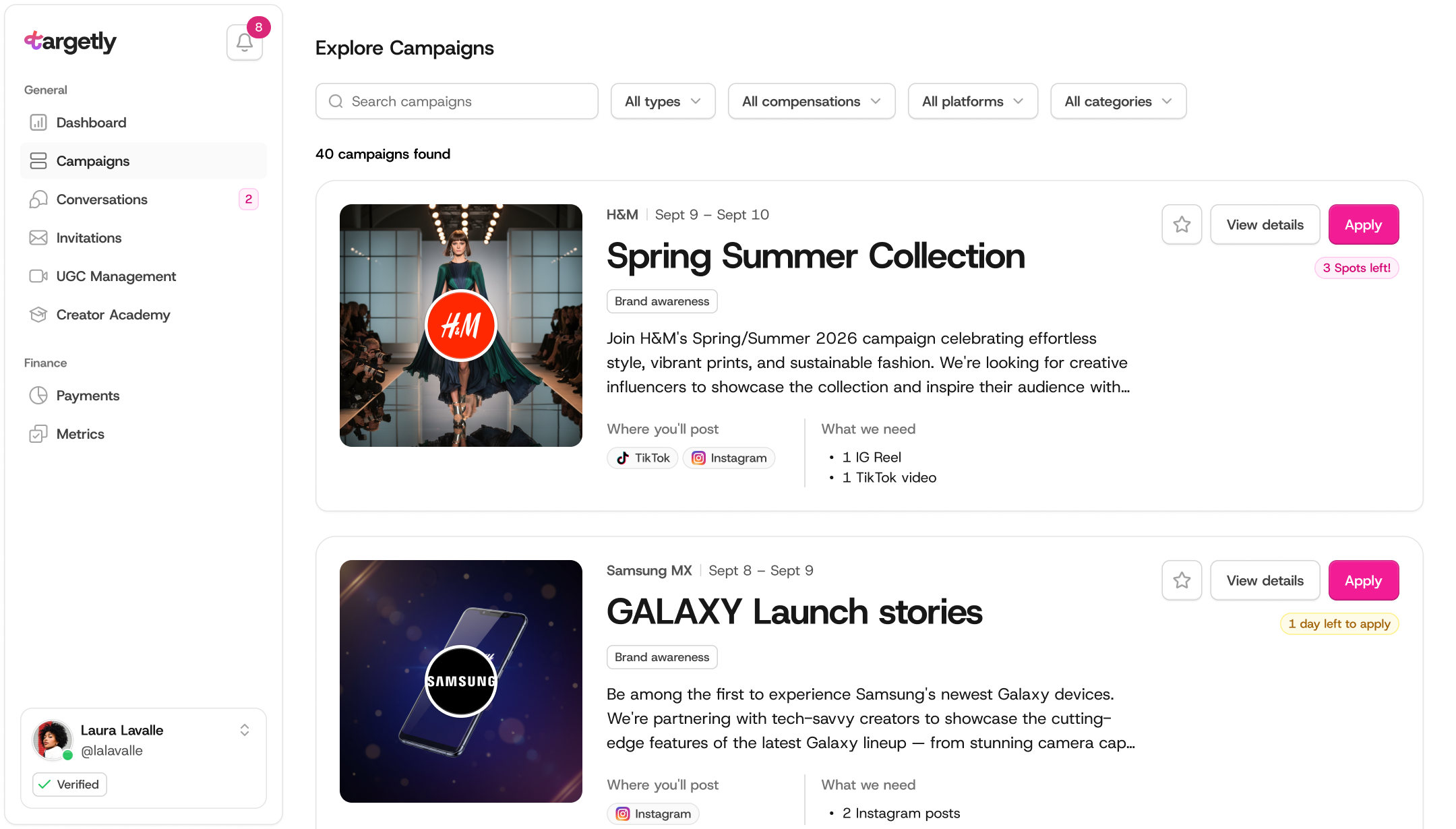 Creator dashboard showing campaign applications